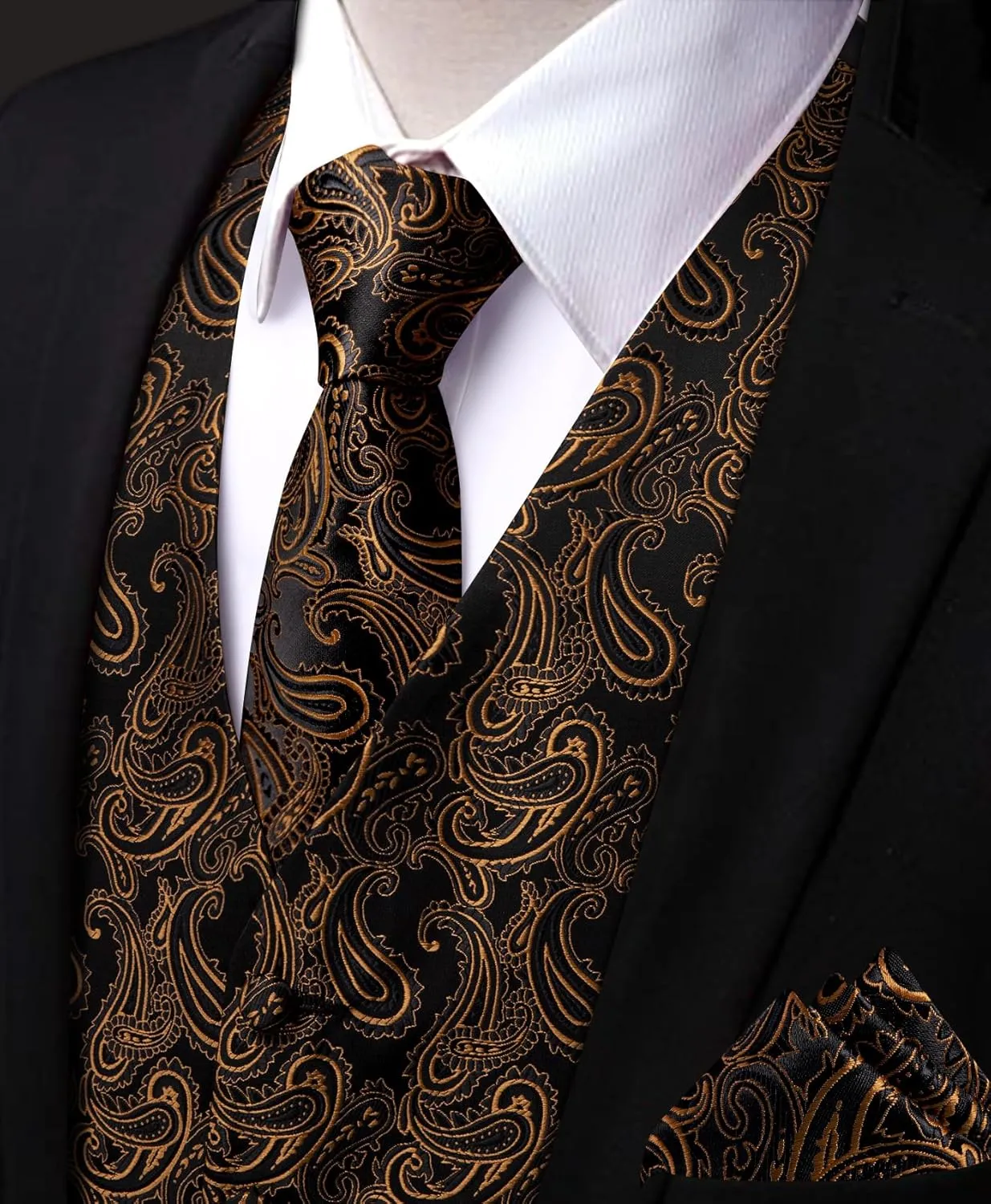 Mens Suit Vest 4PC Silk Paisley Vest with Necktie Pocket Square Cufflinks Formal Woven Waistcoat for Suit Tuxedo