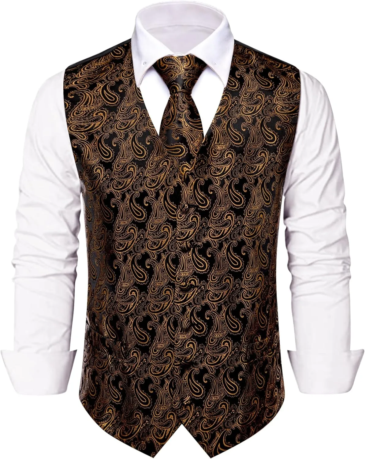 Mens Suit Vest 4PC Silk Paisley Vest with Necktie Pocket Square Cufflinks Formal Woven Waistcoat for Suit Tuxedo
