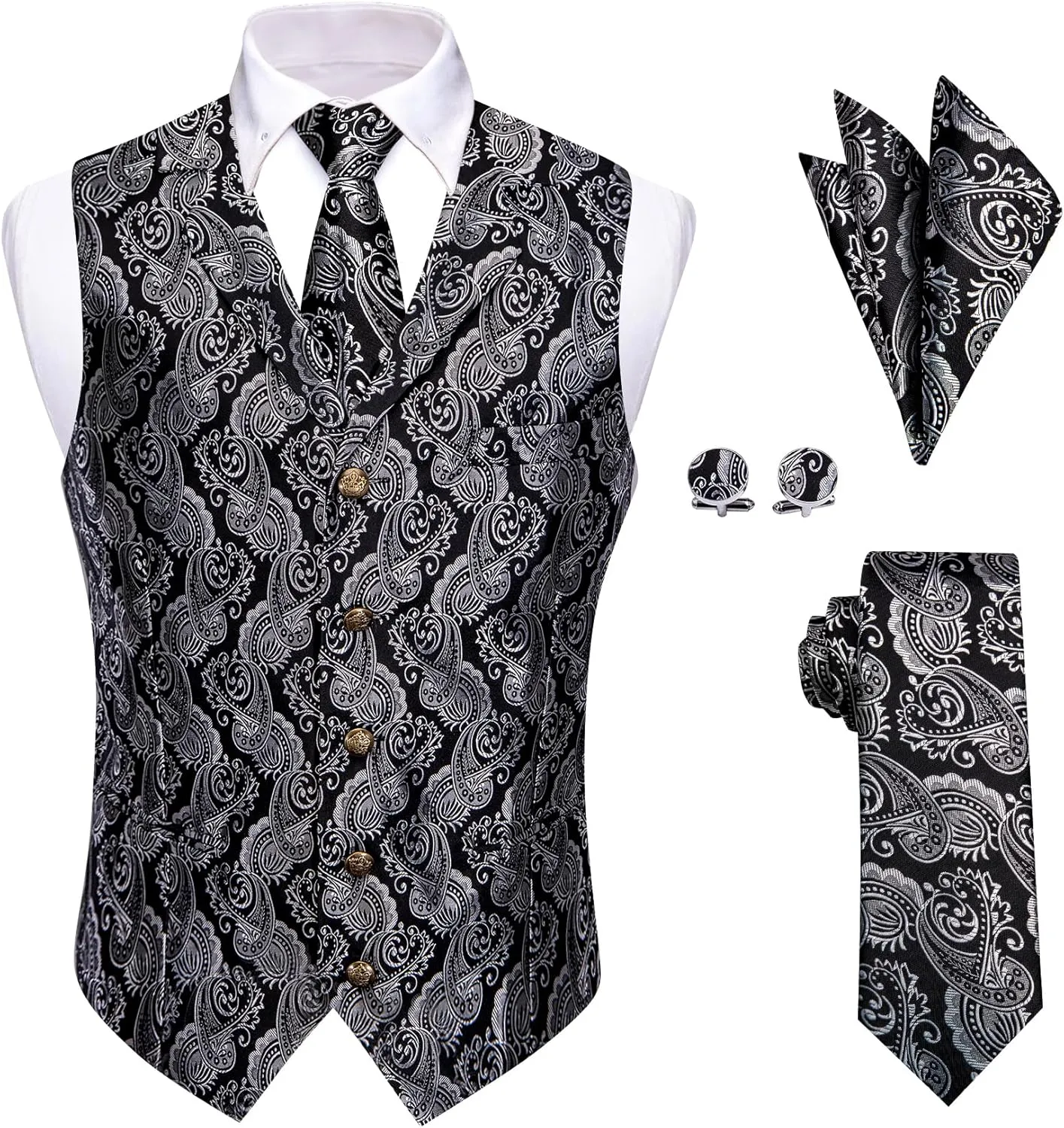 Mens Suit Vest 4PC Silk Paisley Vest with Necktie Pocket Square Cufflinks Formal Woven Waistcoat for Suit Tuxedo