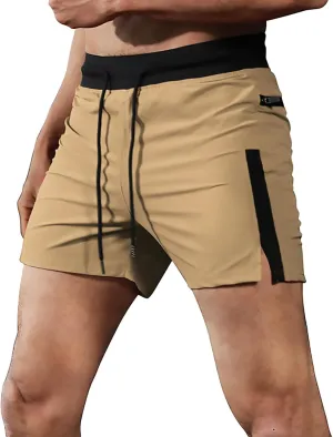 Mens Summer Workout Shorts with Zip Pocket Skinny Stretch Casual Running Shorts Elastic Waist Drawstring Slim Fit Beach Pants