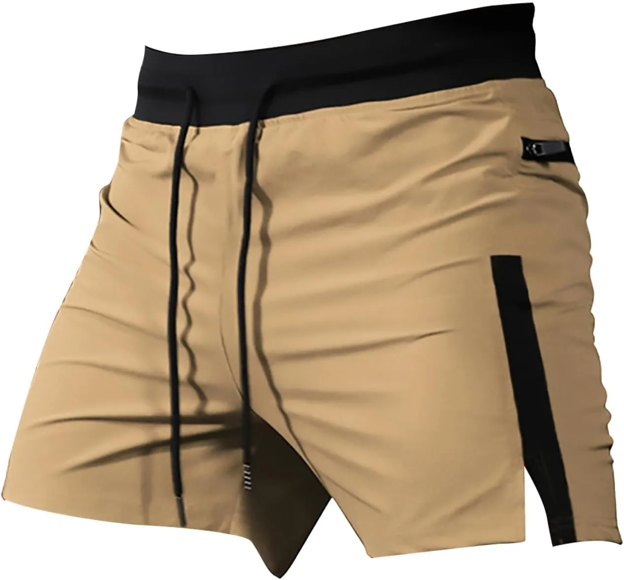 Mens Summer Workout Shorts with Zip Pocket Skinny Stretch Casual Running Shorts Elastic Waist Drawstring Slim Fit Beach Pants