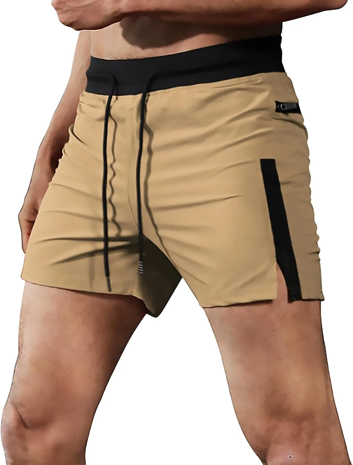 Mens Summer Workout Shorts with Zip Pocket Skinny Stretch Casual Running Shorts Elastic Waist Drawstring Slim Fit Beach Pants
