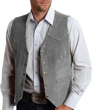 Mens V Neck Suit Vest Retro 5 Button Suede Leather Regular Fit Casual Waistcoat for Prom,Husband Gift,Daily Wear