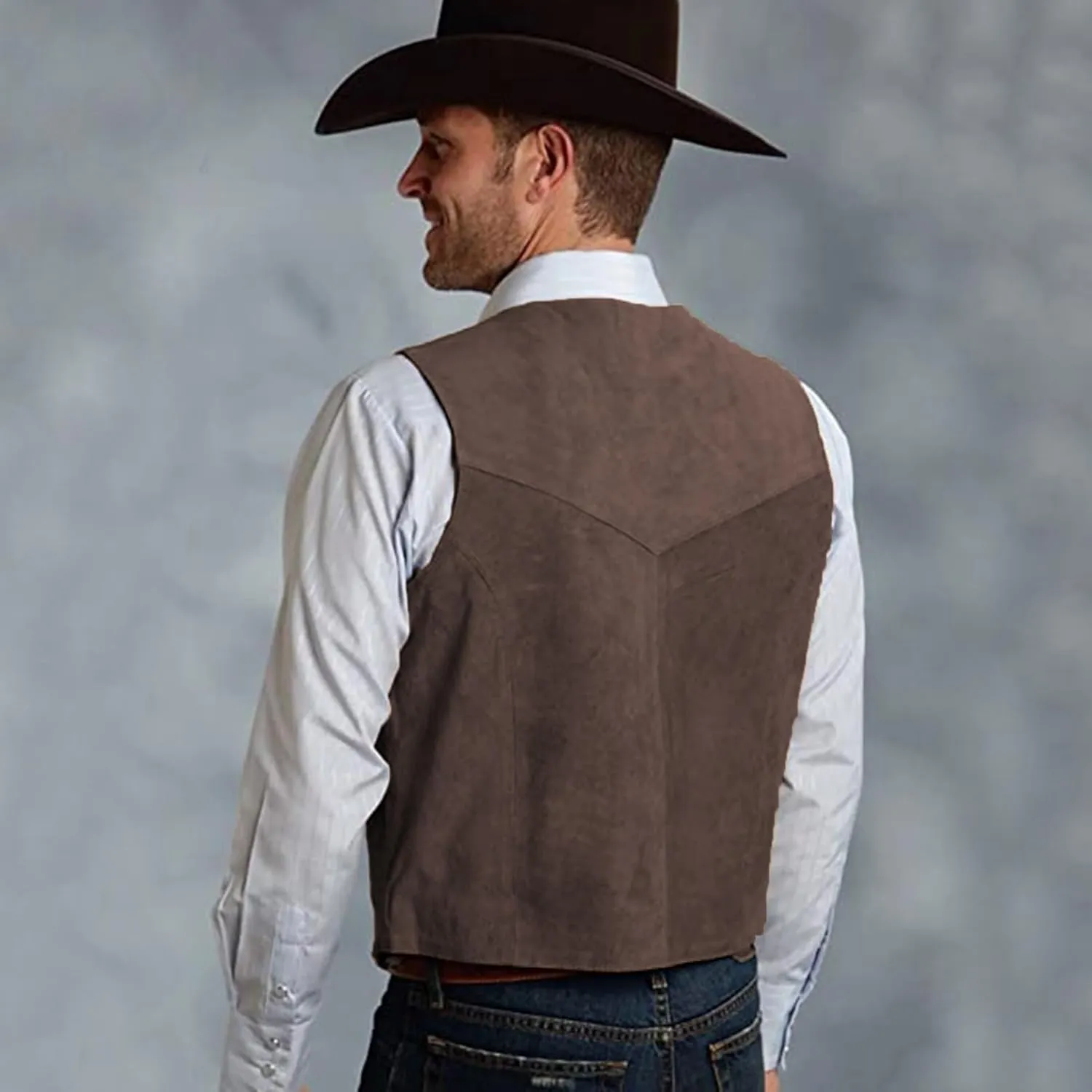 Mens V Neck Suit Vest Retro 5 Button Suede Leather Regular Fit Casual Waistcoat for Prom,Husband Gift,Daily Wear