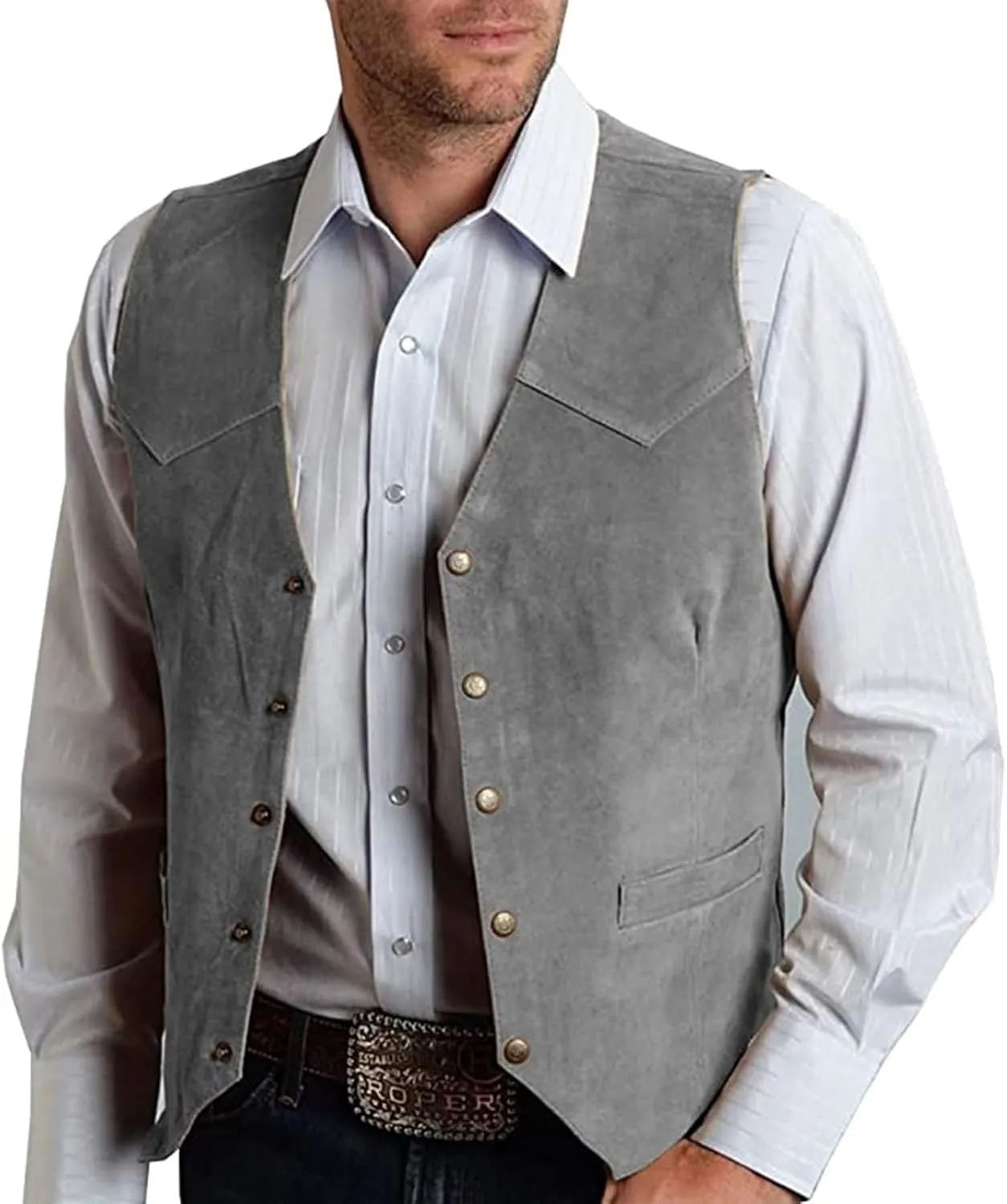 Mens V Neck Suit Vest Retro 5 Button Suede Leather Regular Fit Casual Waistcoat for Prom,Husband Gift,Daily Wear