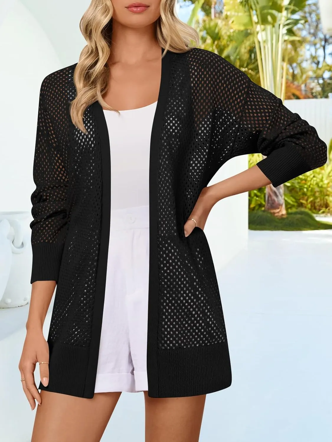MEROKEETY Women's 2025 Beach Swim Cover Up Summer Oversized Kimono Lightweight Crochet Long Sleeve Cardigan Sweater