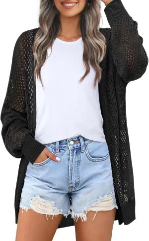 MEROKEETY Women's 2025 Beach Swim Cover Up Summer Oversized Kimono Lightweight Crochet Long Sleeve Cardigan Sweater