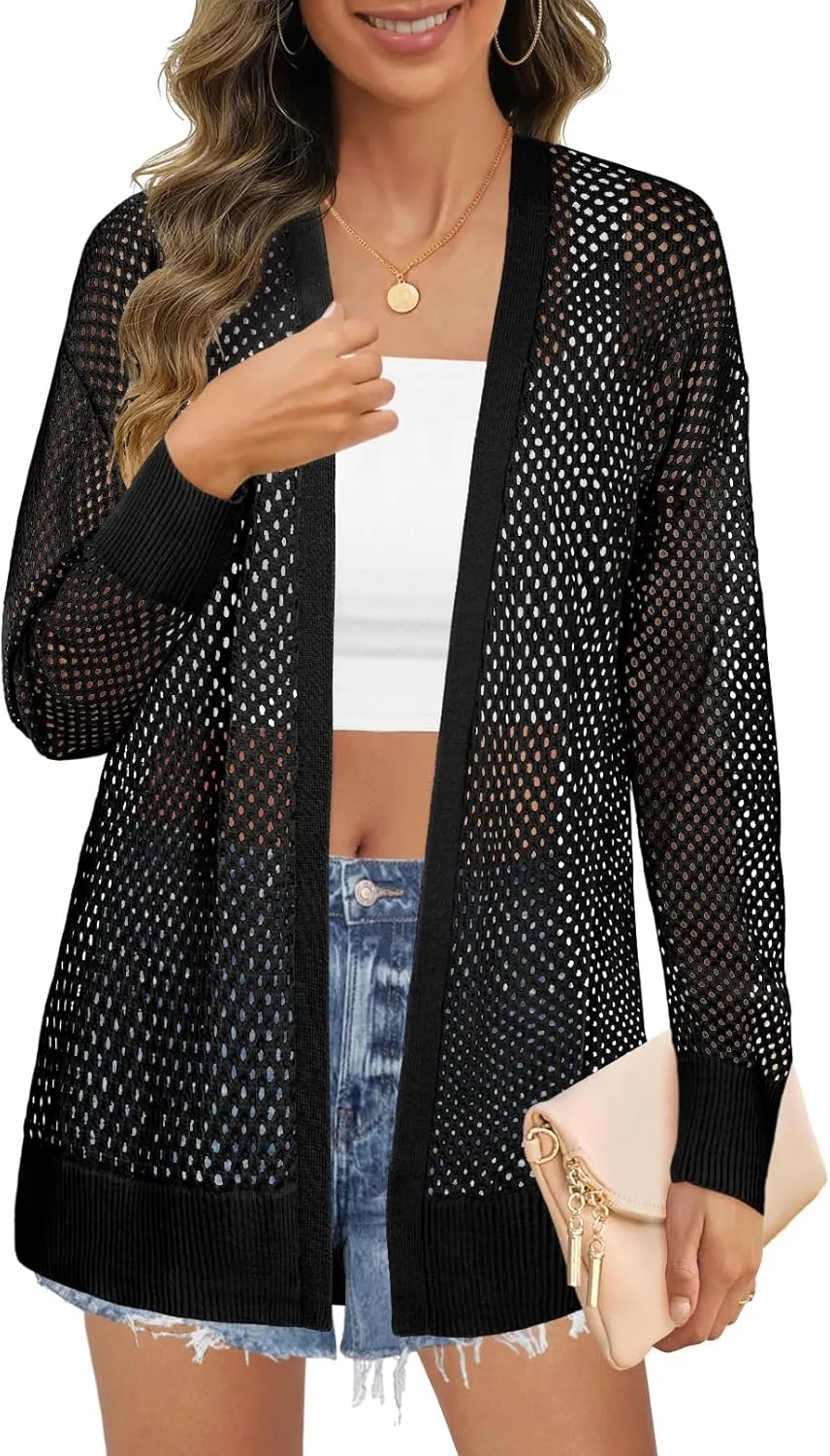 MEROKEETY Women's 2025 Beach Swim Cover Up Summer Oversized Kimono Lightweight Crochet Long Sleeve Cardigan Sweater