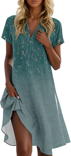 Midi Dress for Women Summer Bohemian Vintage Floral Short Sleeve Lapel V Neck Trendy Beach Collared Tshirt Sundress