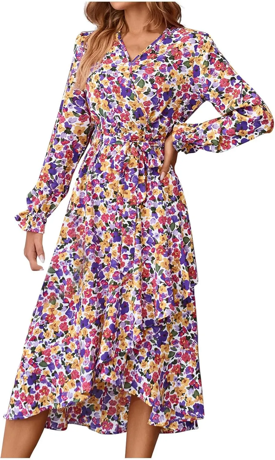 Midi Dresses for Women Casual Boho Floral V Neck Long Sleeve Long Evening Dress Cocktail Party Maxi Wedding Dresses