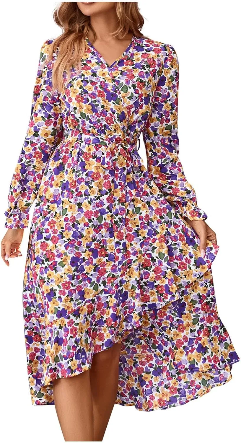 Midi Dresses for Women Casual Boho Floral V Neck Long Sleeve Long Evening Dress Cocktail Party Maxi Wedding Dresses