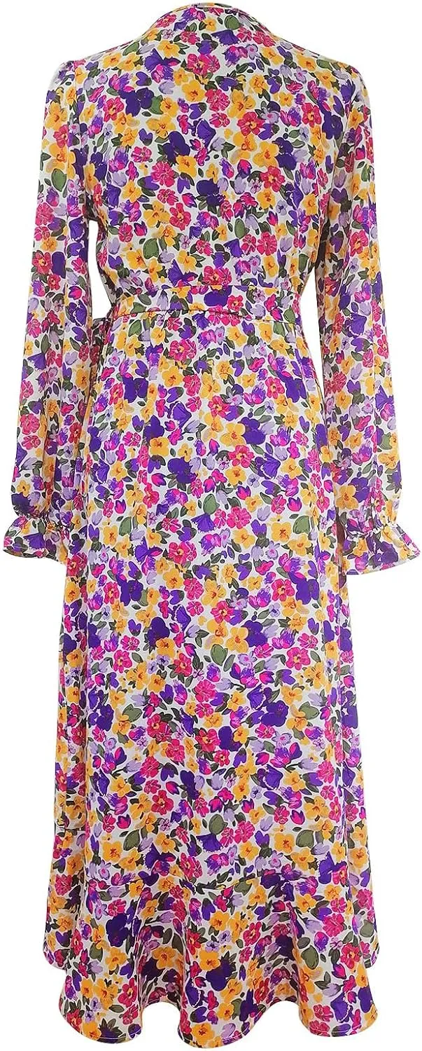 Midi Dresses for Women Casual Boho Floral V Neck Long Sleeve Long Evening Dress Cocktail Party Maxi Wedding Dresses