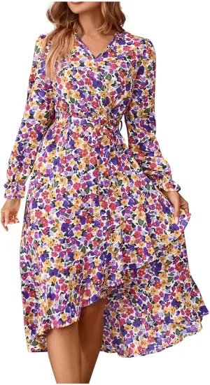 Midi Dresses for Women Casual Boho Floral V Neck Long Sleeve Long Evening Dress Cocktail Party Maxi Wedding Dresses