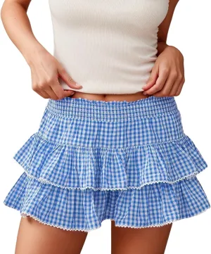 Mini Skirt for Women Trendy 2025 Summer High Elastic Waist Striped Double Ruffles Pleated Fairy Mini Skirts Underskirt