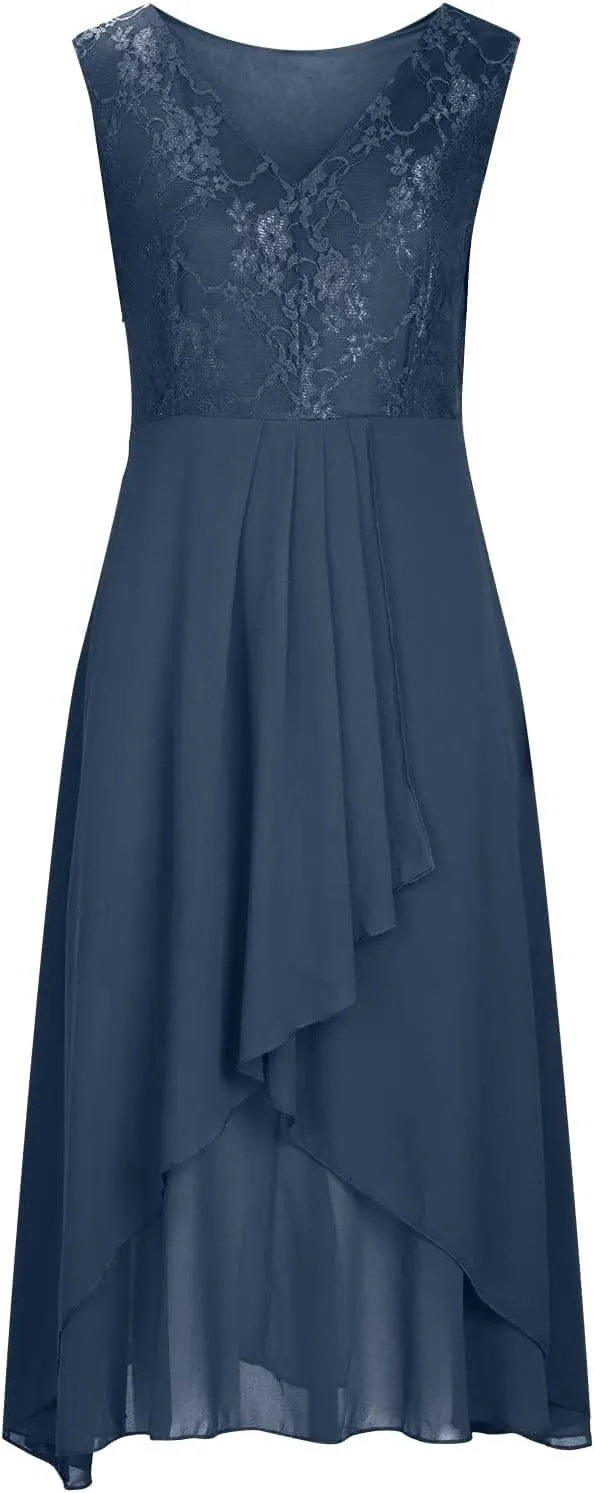 Mother of The Groom Dresses for Wedding Lace Appliques Short Sleeves High Low Crew Neck Chiffon Formal Evening Dress