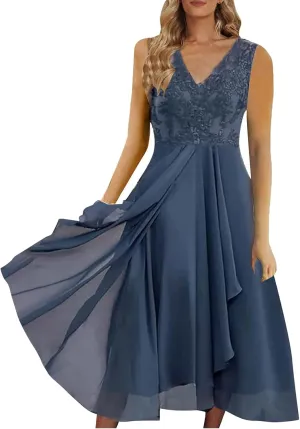Mother of The Groom Dresses for Wedding Lace Appliques Short Sleeves High Low Crew Neck Chiffon Formal Evening Dress