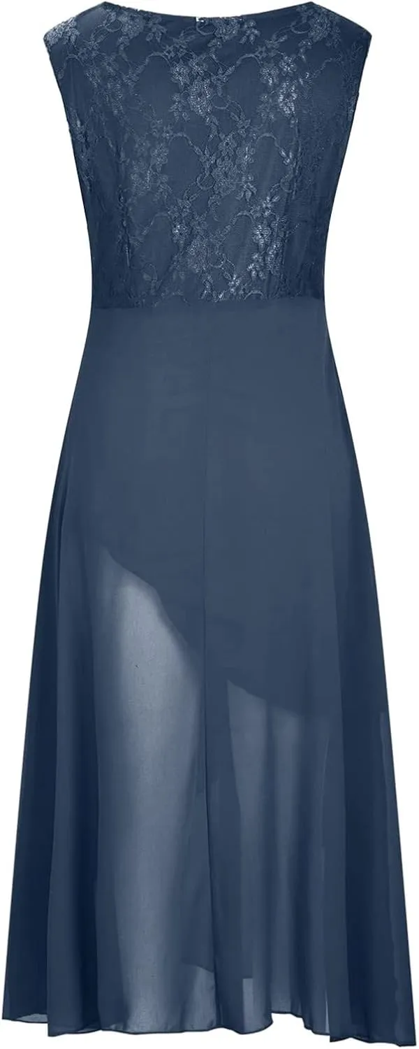 Mother of The Groom Dresses for Wedding Lace Appliques Short Sleeves High Low Crew Neck Chiffon Formal Evening Dress