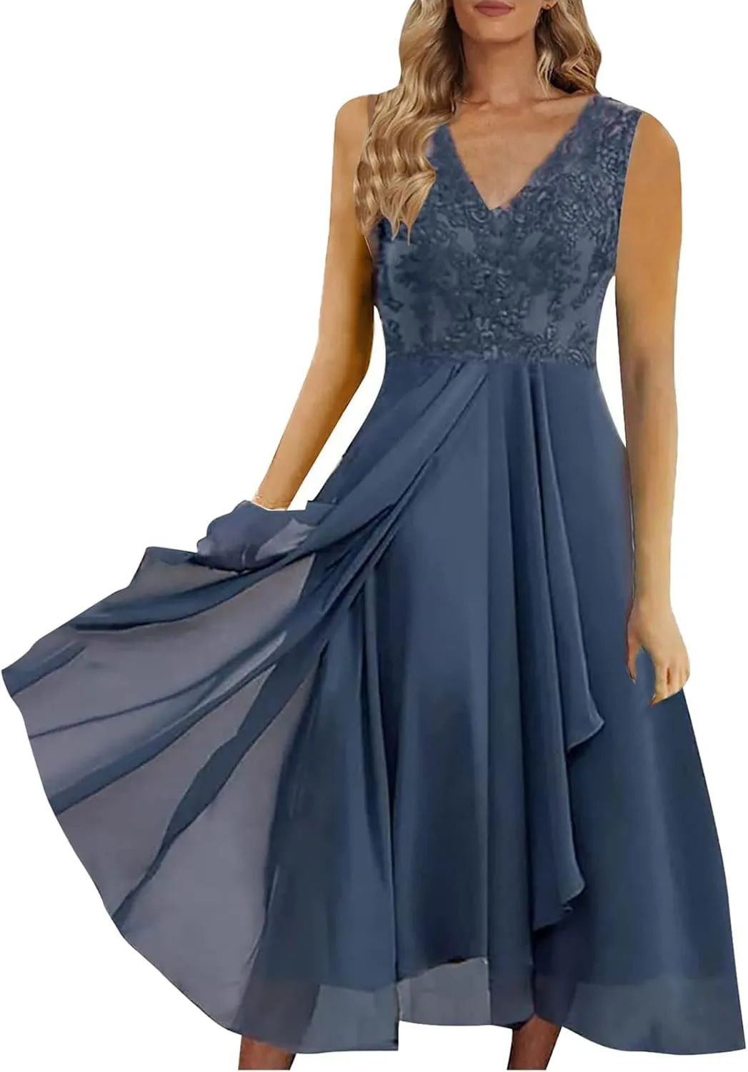 Mother of The Groom Dresses for Wedding Lace Appliques Short Sleeves High Low Crew Neck Chiffon Formal Evening Dress