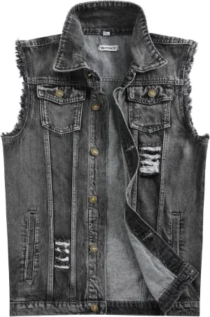 NASKY Men's Fit Retro Ripped Denim Vest Sleeveless Jean Vest and Jacket