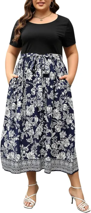Nemidor Womens Plus Size Summer Short Sleeve Boho Print Flared Long Dress with Pocket NEM530