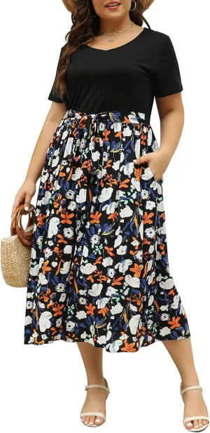 Nemidor Womens Plus Size Summer Short Sleeve Boho Print Flared Long Dress with Pocket NEM530