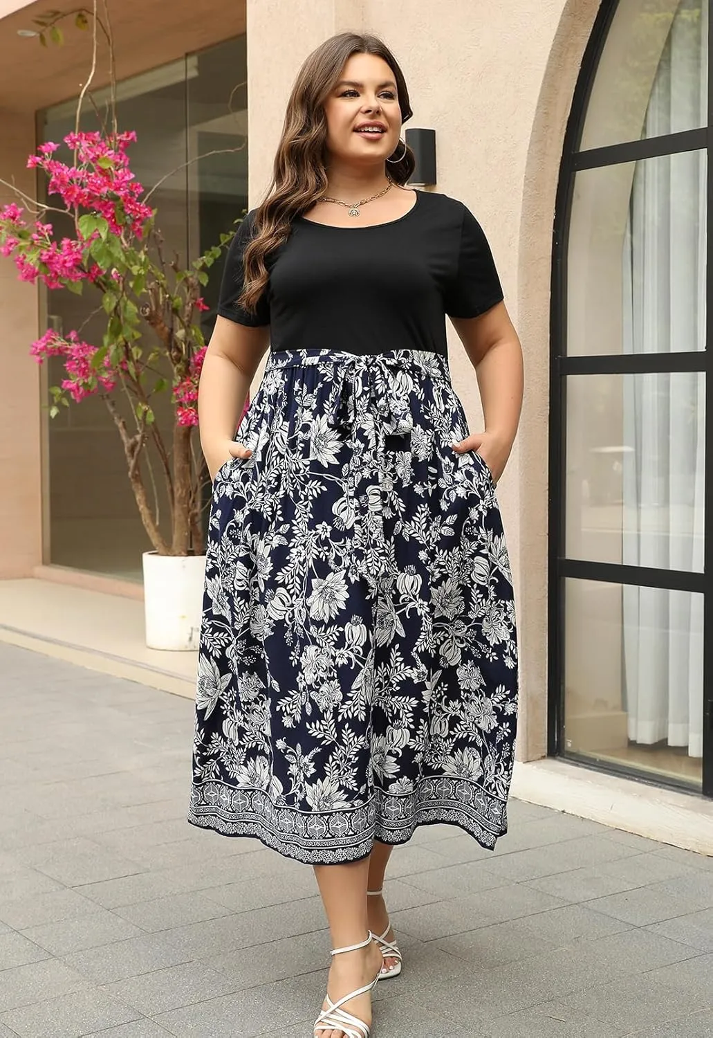 Nemidor Womens Plus Size Summer Short Sleeve Boho Print Flared Long Dress with Pocket NEM530