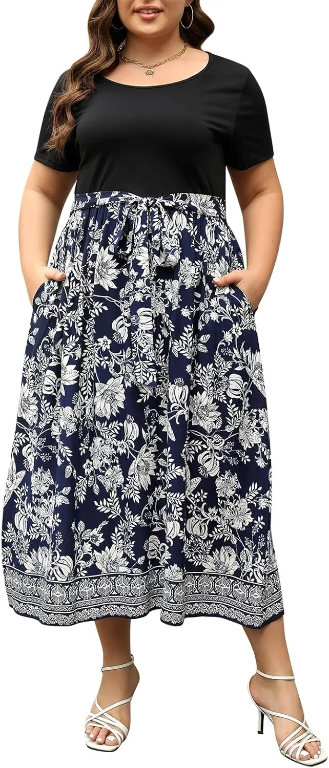 Nemidor Womens Plus Size Summer Short Sleeve Boho Print Flared Long Dress with Pocket NEM530