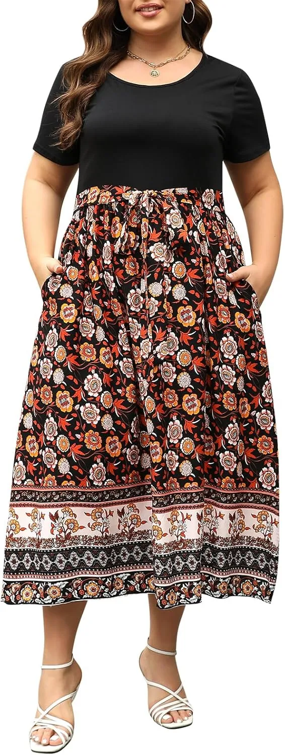 Nemidor Womens Plus Size Summer Short Sleeve Boho Print Flared Long Dress with Pocket NEM530