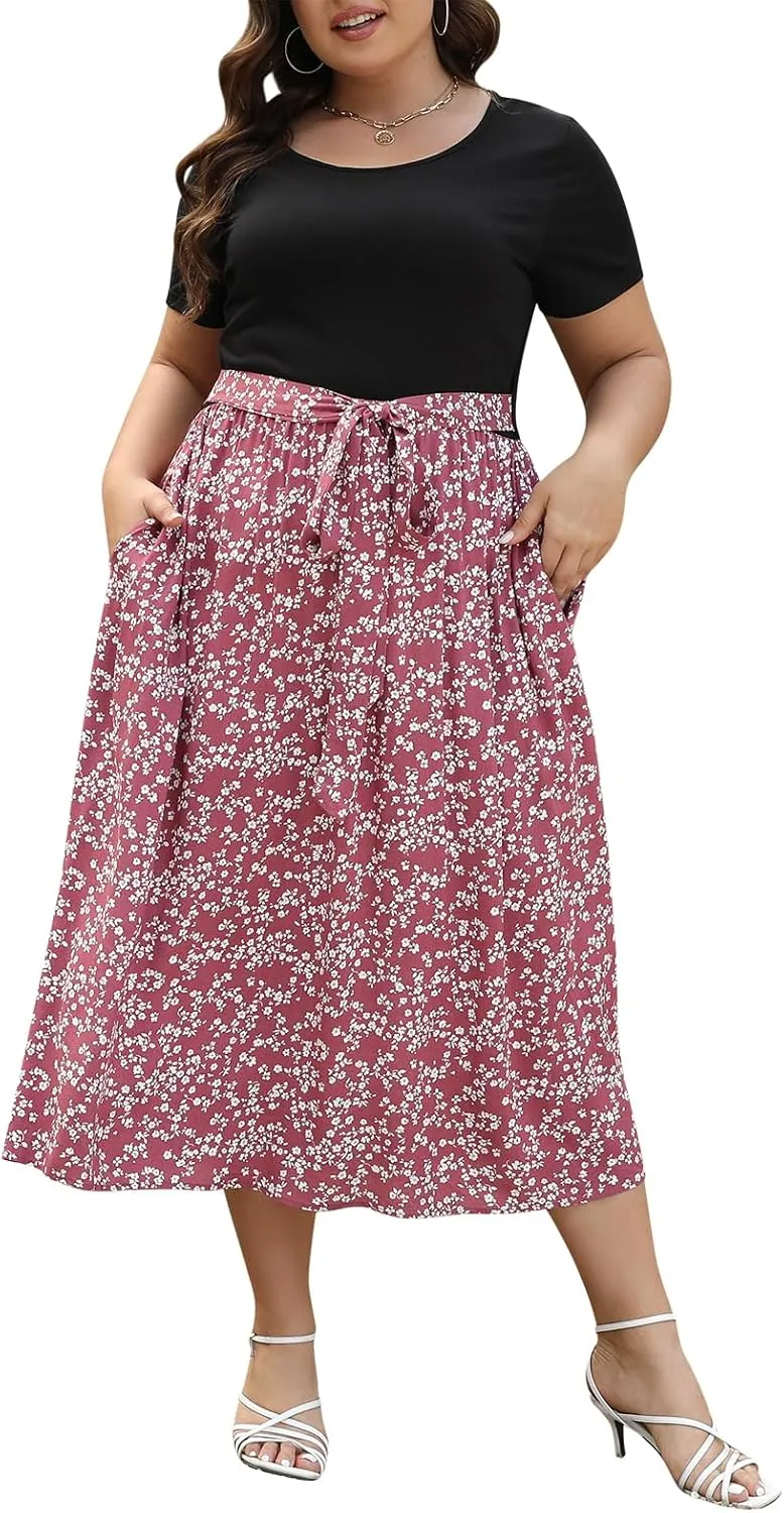 Nemidor Womens Plus Size Summer Short Sleeve Boho Print Flared Long Dress with Pocket NEM530