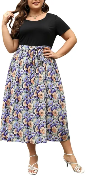 Nemidor Womens Plus Size Summer Short Sleeve Boho Print Flared Long Dress with Pocket NEM530