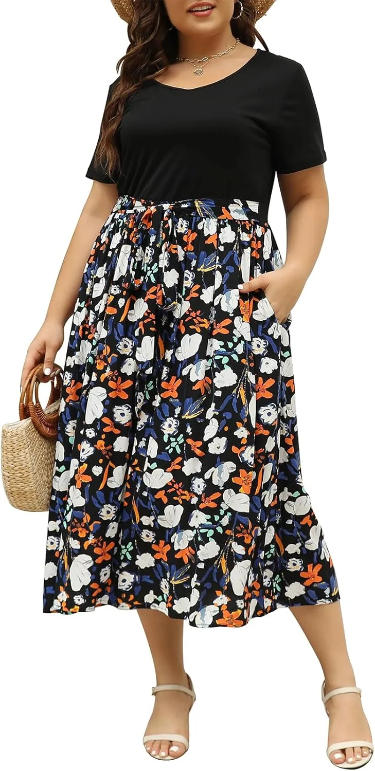 Nemidor Womens Plus Size Summer Short Sleeve Boho Print Flared Long Dress with Pocket NEM530