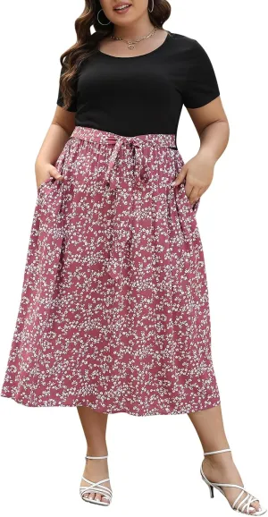 Nemidor Womens Plus Size Summer Short Sleeve Boho Print Flared Long Dress with Pocket NEM530