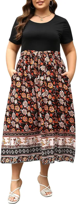 Nemidor Womens Plus Size Summer Short Sleeve Boho Print Flared Long Dress with Pocket NEM530