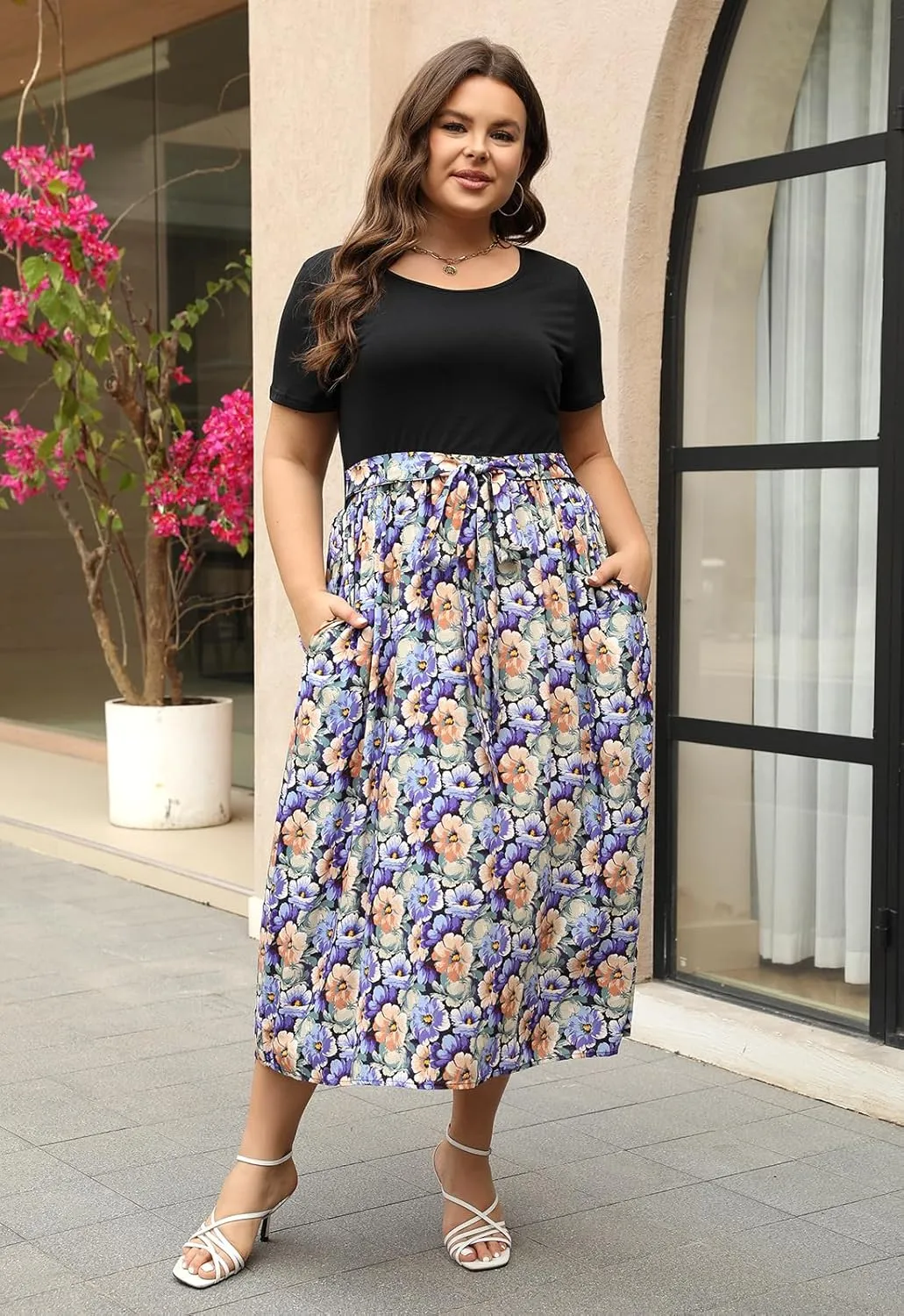 Nemidor Womens Plus Size Summer Short Sleeve Boho Print Flared Long Dress with Pocket NEM530