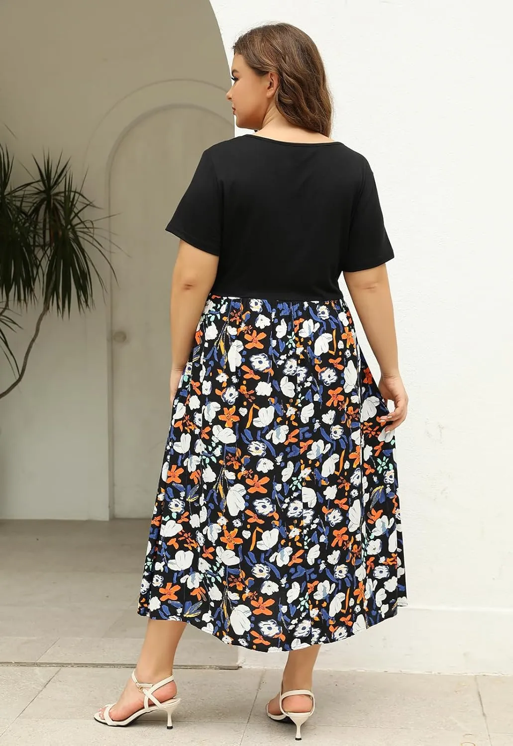 Nemidor Womens Plus Size Summer Short Sleeve Boho Print Flared Long Dress with Pocket NEM530