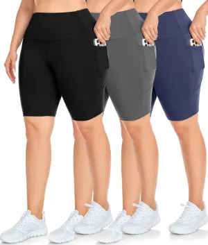 NEW YOUNG 3 Pack Plus Size Biker Shorts with Pockets for Women-High Waisted 8" Yoga Pants Workout Shorts