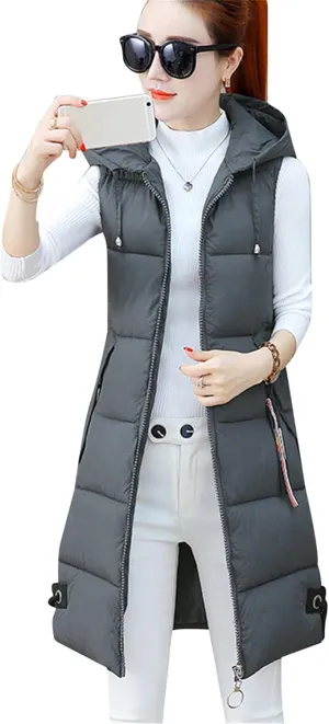 OMZIN Women's Winter Long Puffer Vest Zip up Slim Vest Lightweight Hooded Warm Down Cotton Vest
