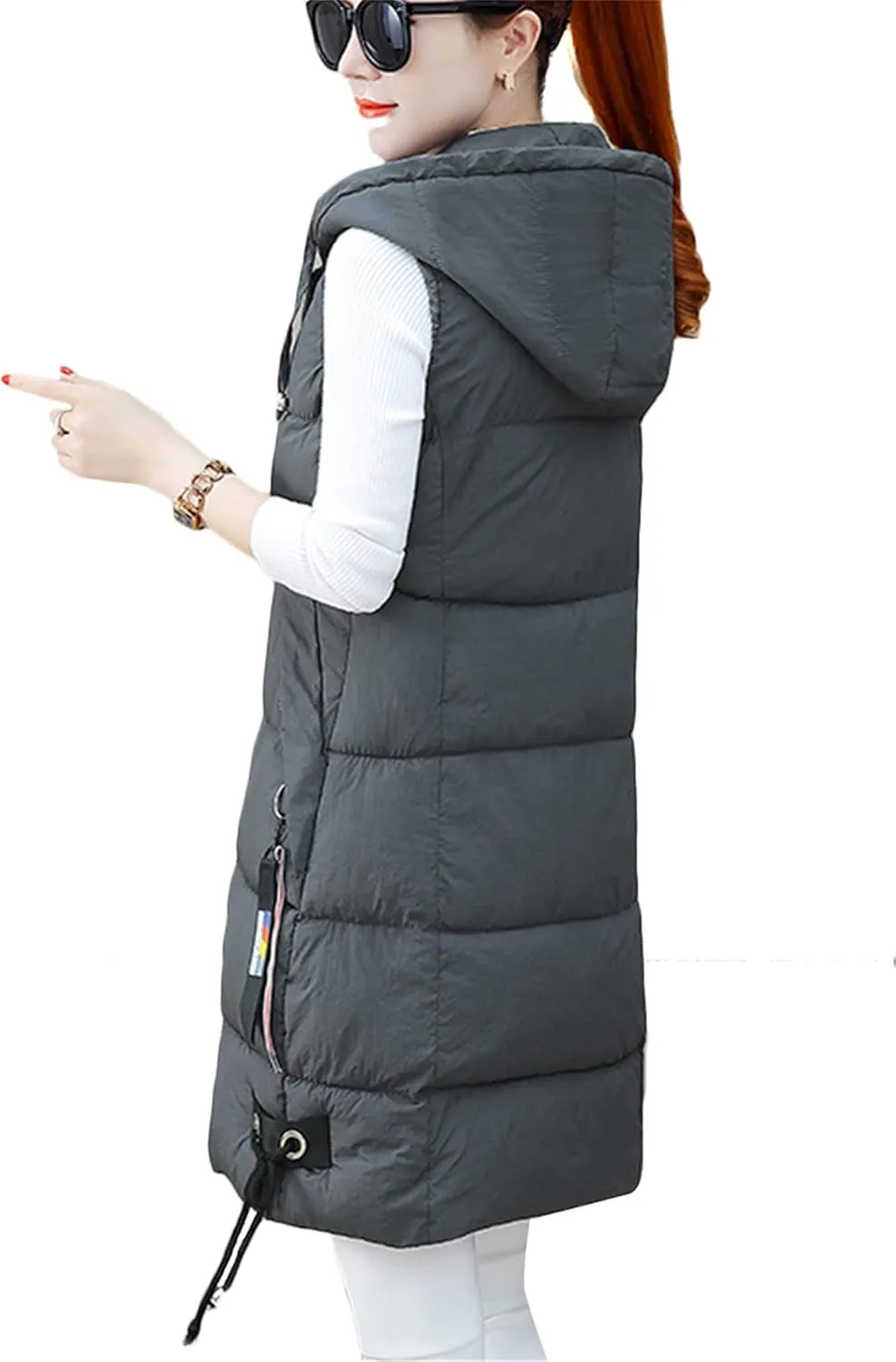OMZIN Women's Winter Long Puffer Vest Zip up Slim Vest Lightweight Hooded Warm Down Cotton Vest