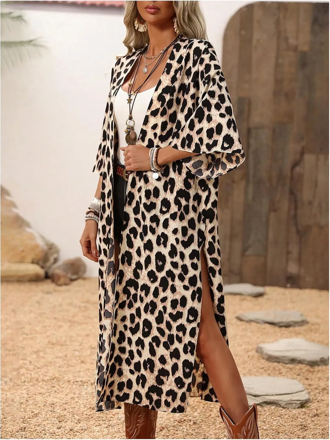 OYOANGLE Women's Leopard Print Open Front 3/4 Sleeve Kimono Cardigan Side Split Swimsuit Cover Up