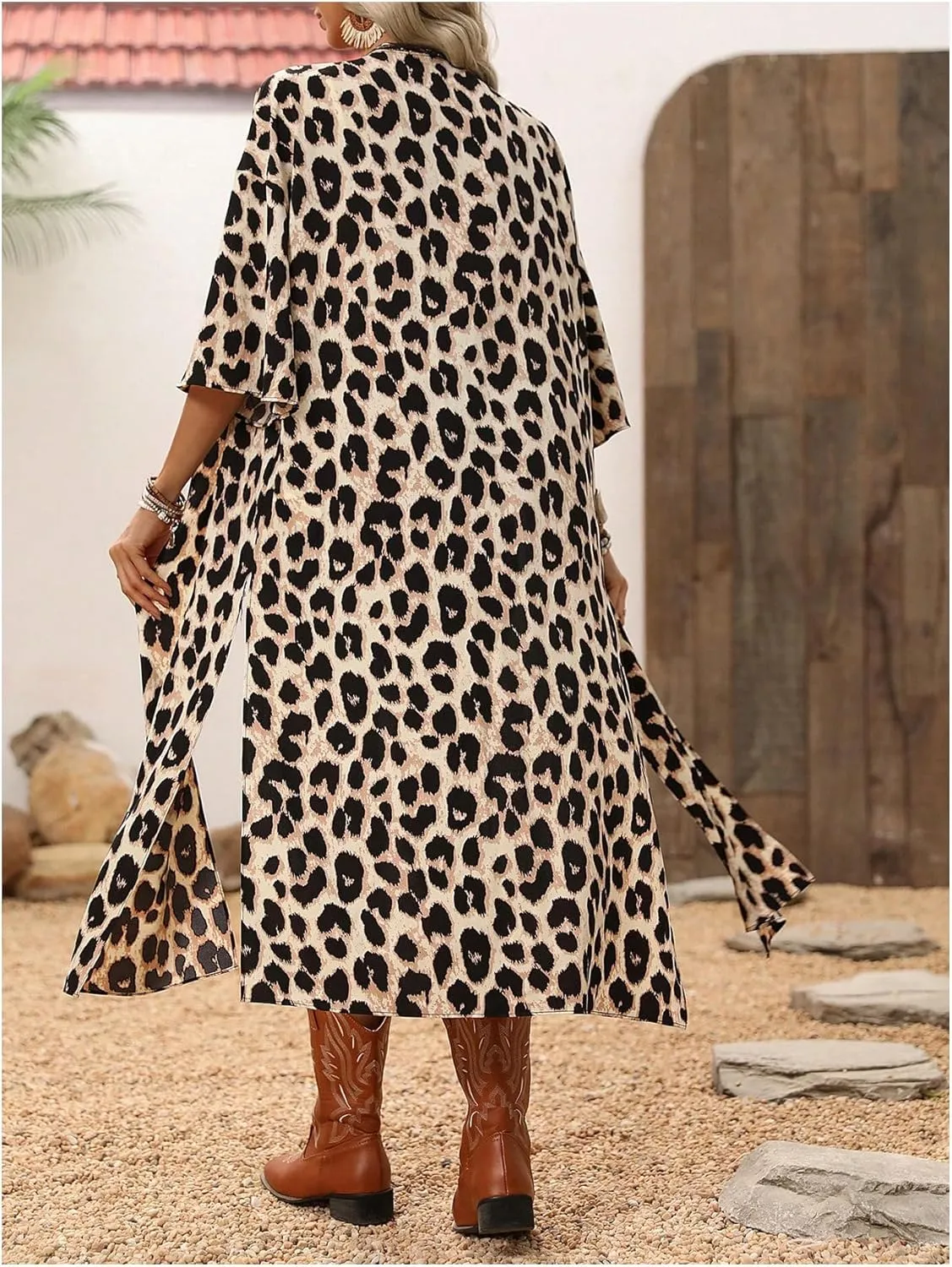 OYOANGLE Women's Leopard Print Open Front 3/4 Sleeve Kimono Cardigan Side Split Swimsuit Cover Up