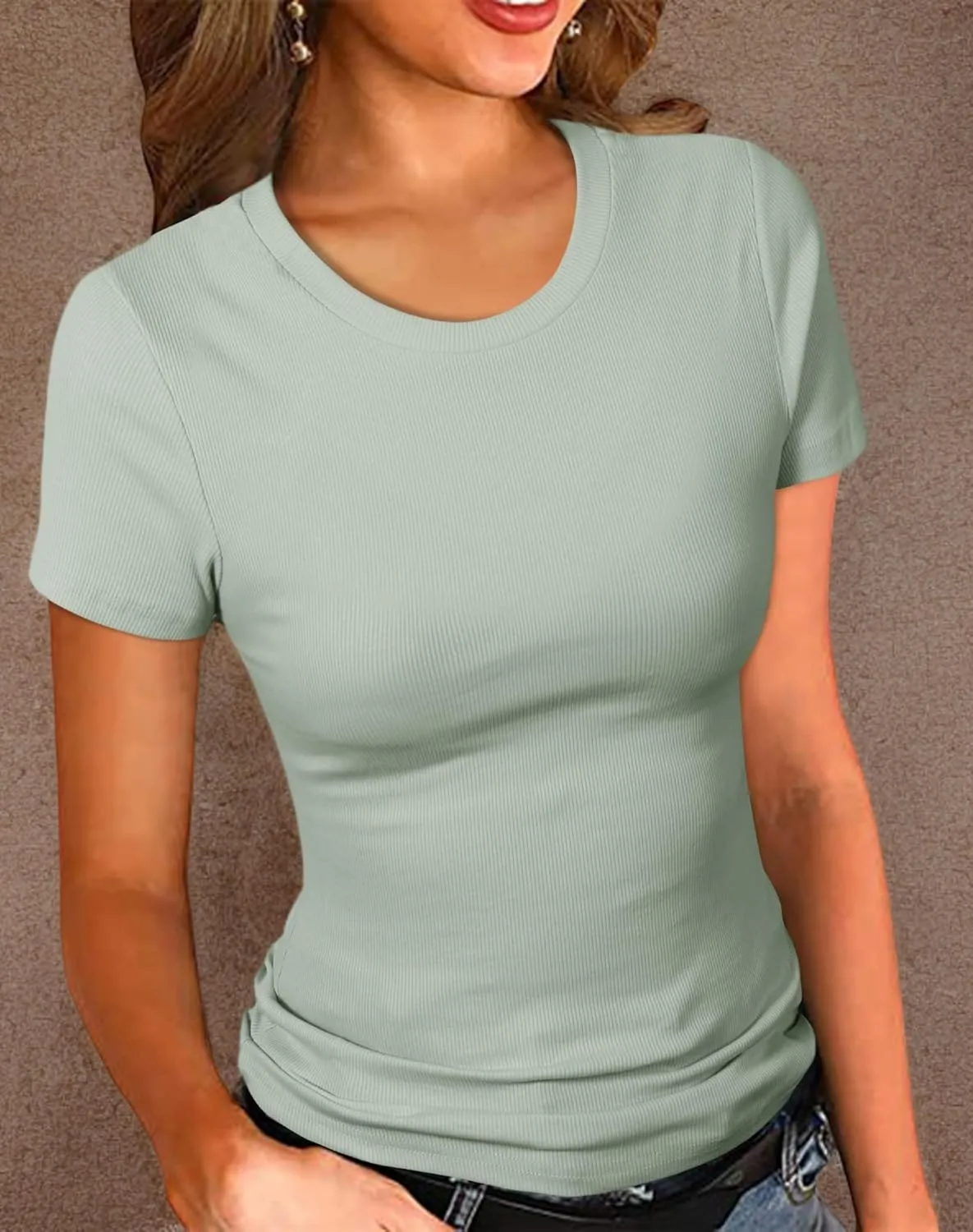 PALINDA Women's Crew Neck Ribbed Fitted Shirt Basic Short Sleeves Summer T Shirt Tops