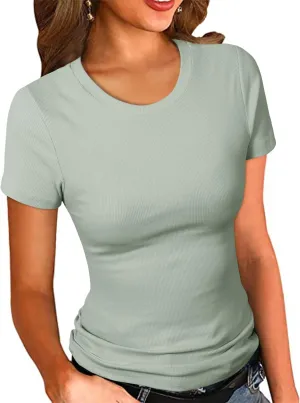 PALINDA Women's Crew Neck Ribbed Fitted Shirt Basic Short Sleeves Summer T Shirt Tops
