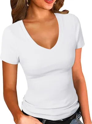 PALINDA Women's Short Sleeves Ribbed Fitted Shirt Basic V Neck Slim T Shirt Tops
