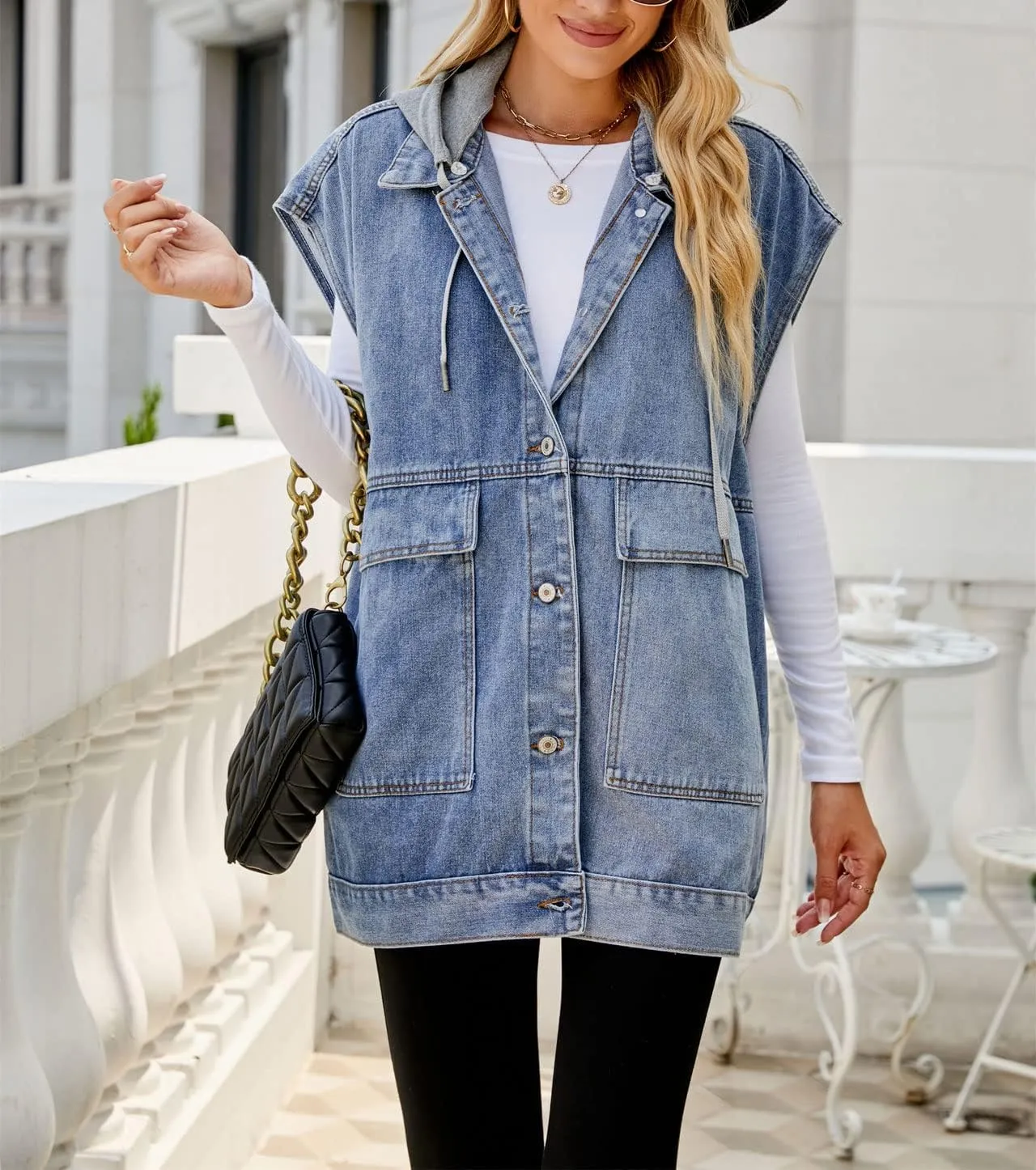 PAODIKUAI Women's Oversized Denim Vest Mid Long Jean Vest Sleeveless Jackets Distressed Vest Cotton