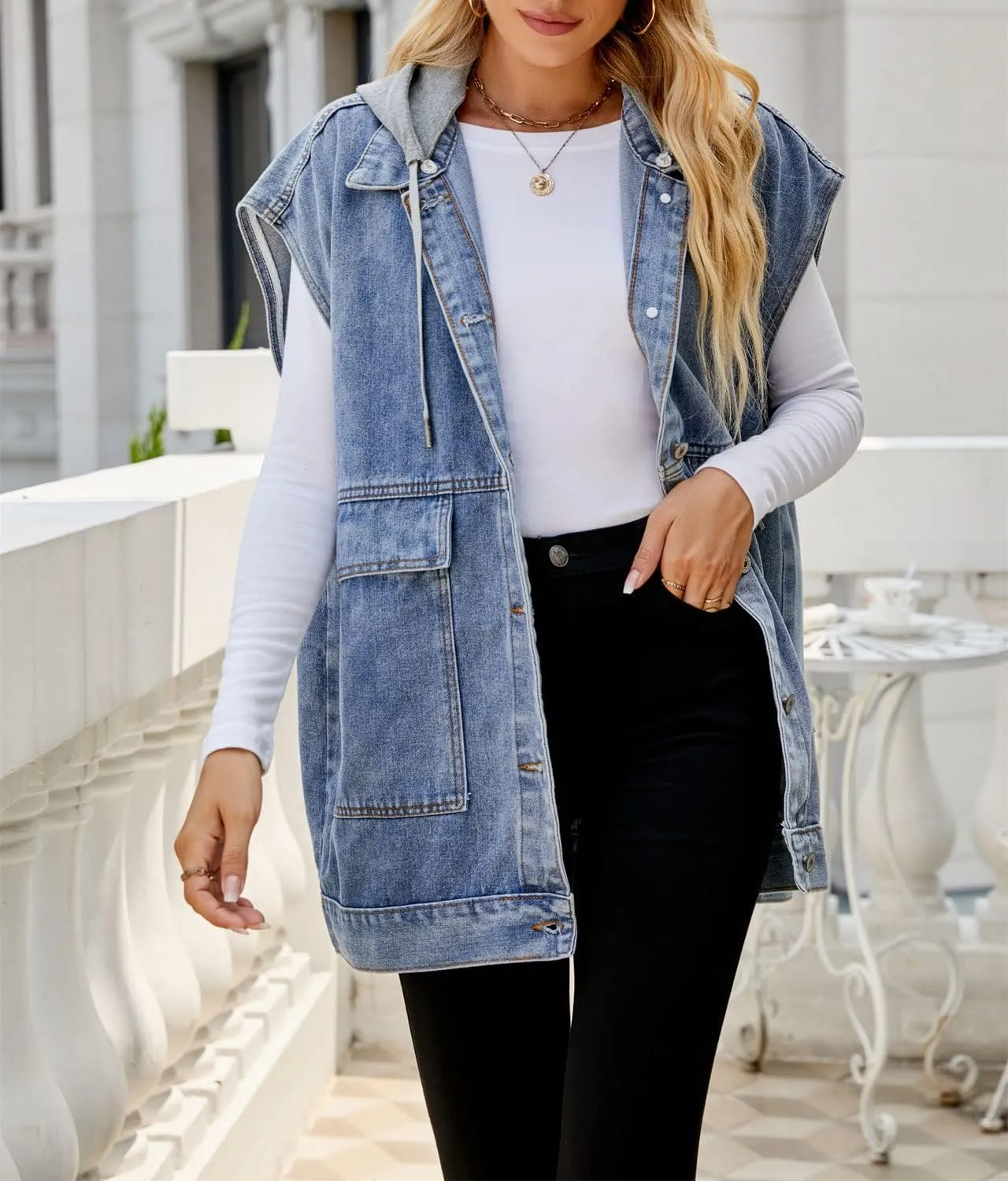 PAODIKUAI Women's Oversized Denim Vest Mid Long Jean Vest Sleeveless Jackets Distressed Vest Cotton