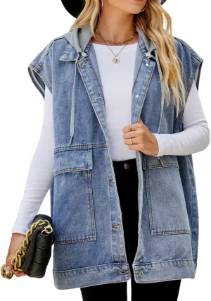 PAODIKUAI Women's Oversized Denim Vest Mid Long Jean Vest Sleeveless Jackets Distressed Vest Cotton