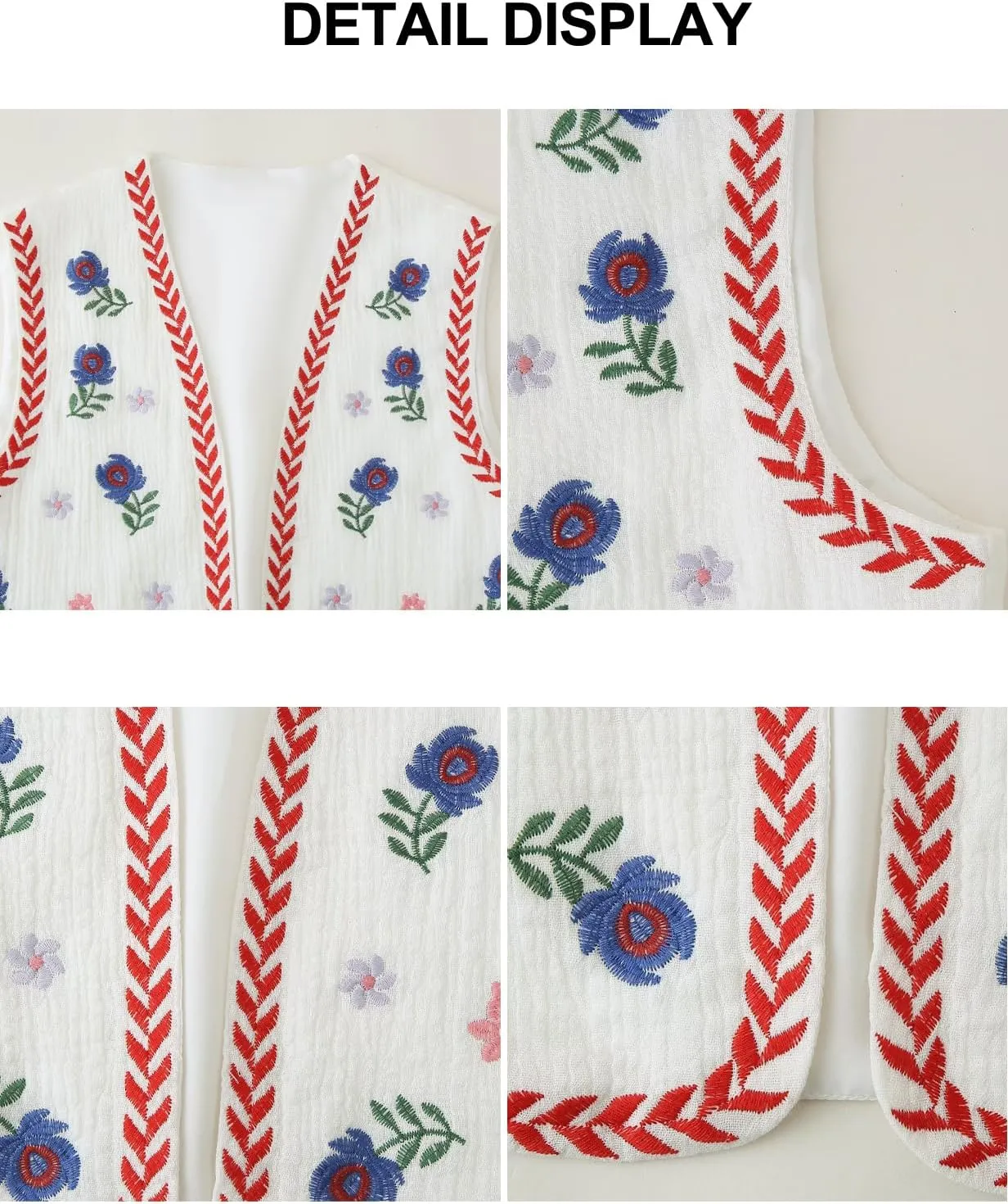 PAODIKUAI Women's Vintage Floral Embroidered Vest Boho Casual Open Front Y2k Sleeveless Cardigan Waistcoat