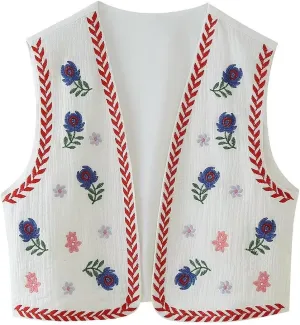 PAODIKUAI Women's Vintage Floral Embroidered Vest Boho Casual Open Front Y2k Sleeveless Cardigan Waistcoat