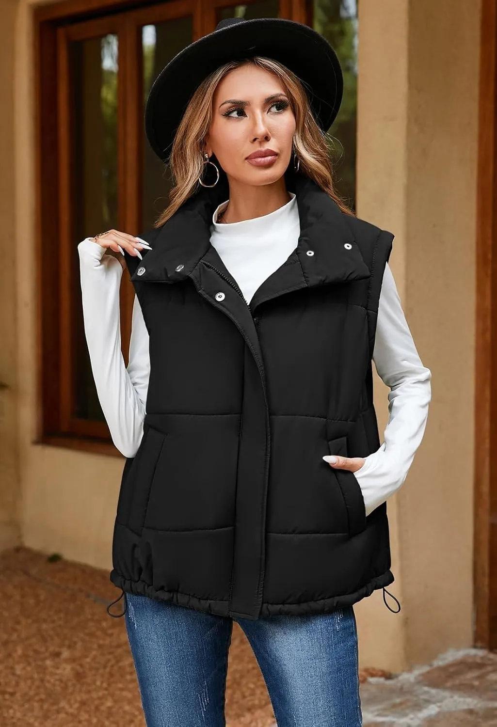 Pink Queen Womens Oversized Quilted Puffer Vest Casual Loose Sleeveless Stand Collar Zip Up Fall Winter Warm Outerwear Jacket