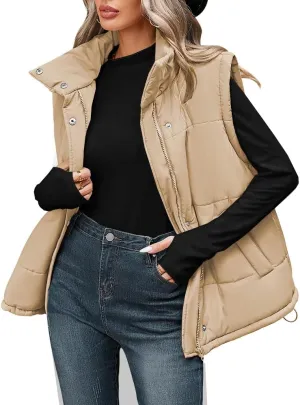 Pink Queen Womens Oversized Quilted Puffer Vest Casual Loose Sleeveless Stand Collar Zip Up Fall Winter Warm Outerwear Jacket